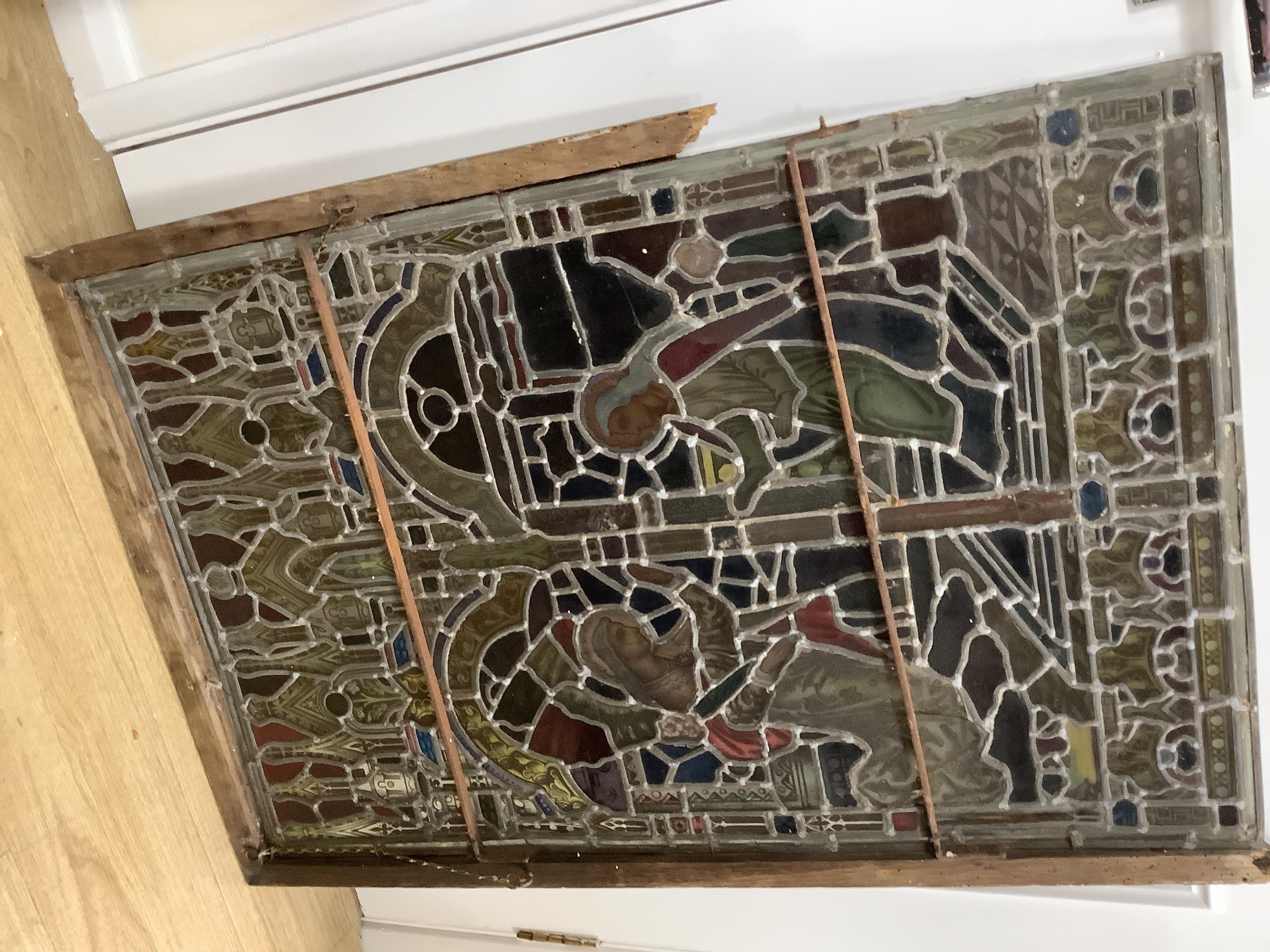 A Victorian stained glass panel, 99x65cm